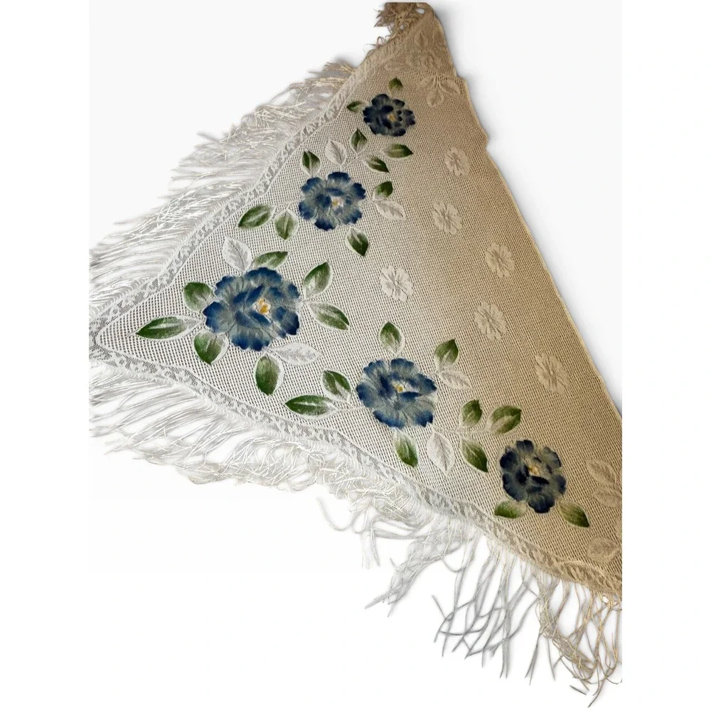 Vintage Floral Lace Fringe Shawl Blue White Triangle Wrap Japan Boho
